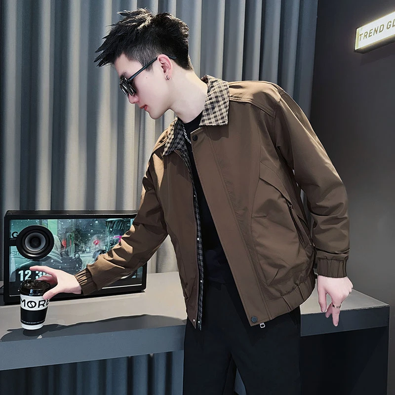 男士外套春秋季2025新款网红洋气炸街男装假两件格子拼接翻领夹克