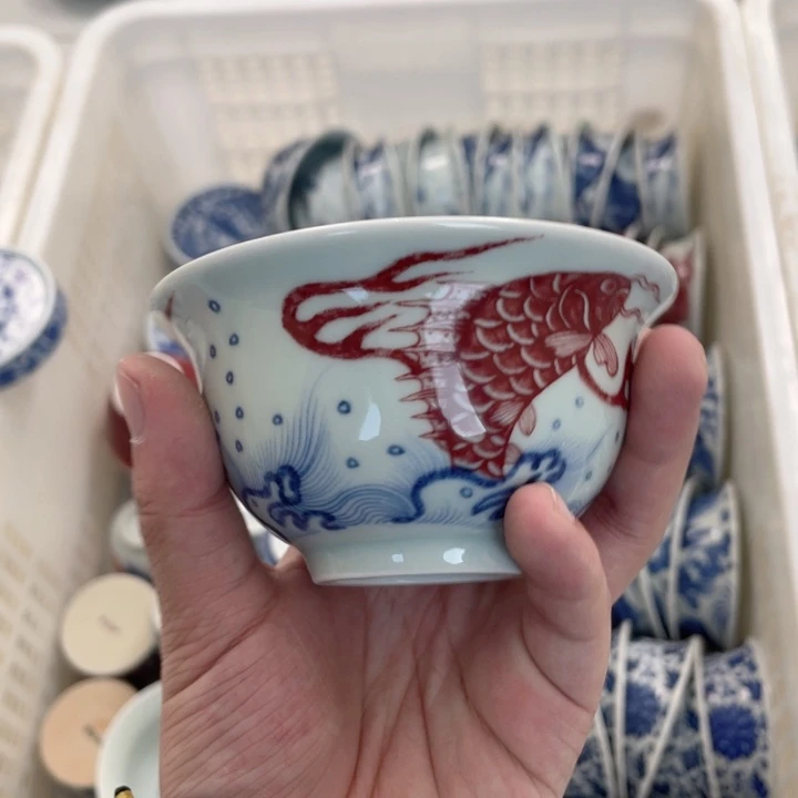 瓷片景德镇釉里红鱼化龙主人杯