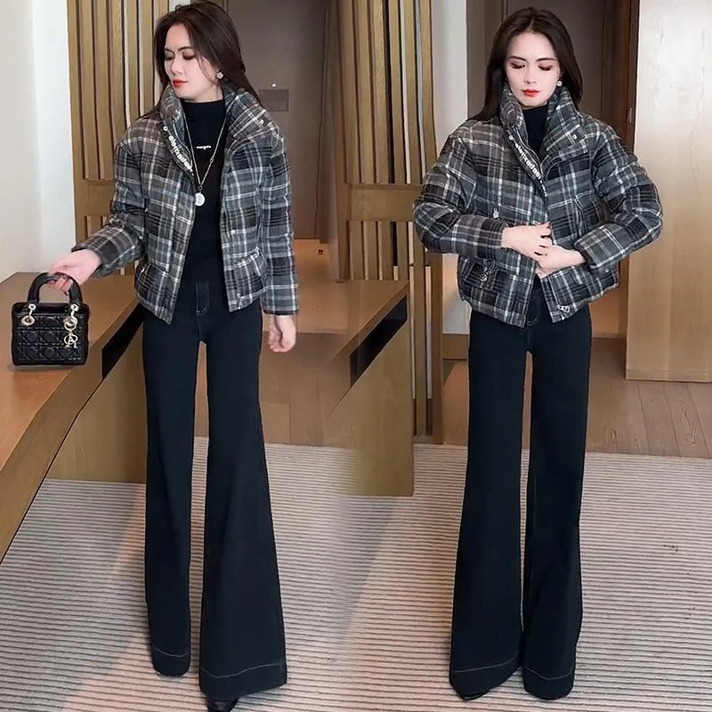 韩版宽松棉服女2025冬季新款时尚洋气减龄百搭格子面包服棉衣外套