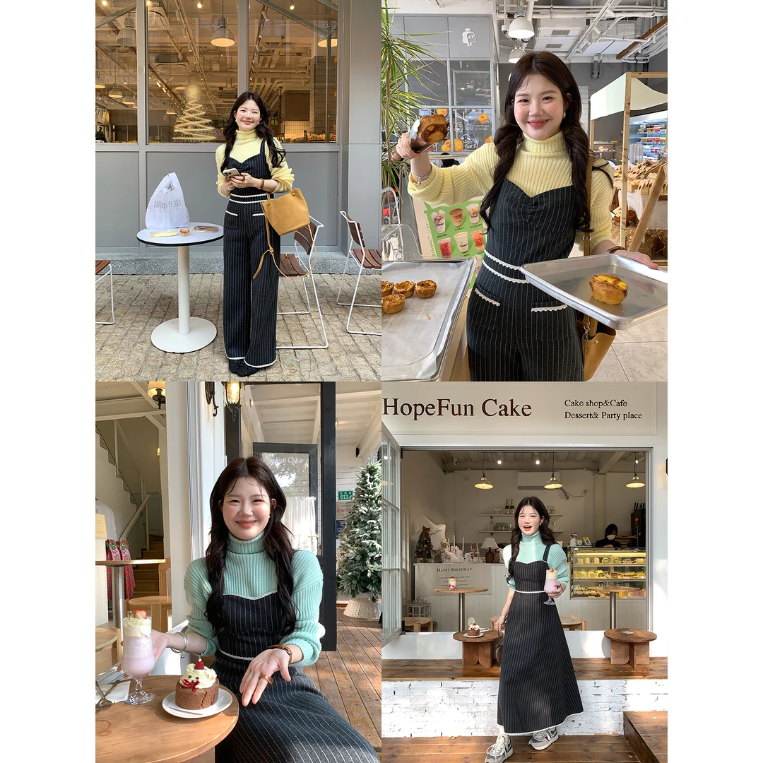 火火火【半熟暖秋】韩版秋冬简约高领坑条吊带温柔风毛衣M39569HH54