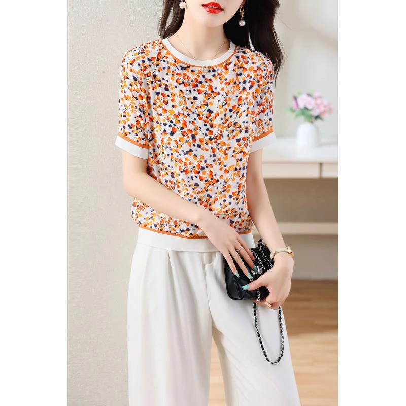 短袖透气通勤桑蚕丝宽松短袖T恤印花圆领短款t恤时尚