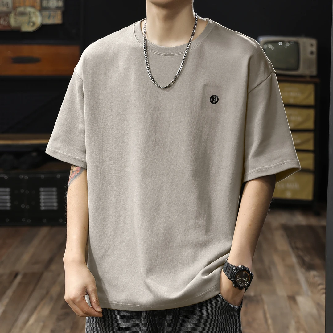 LEIGHZ/雷茨260g重磅纯棉纯色圆领短袖t恤男2025新款简约大码男装
