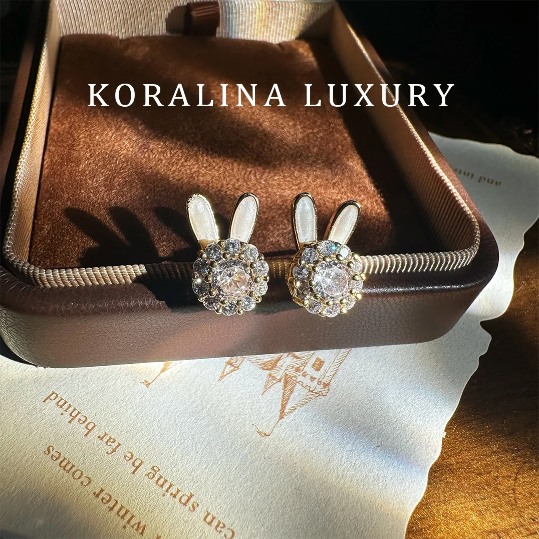 铜合金锆石耳饰 A0226【月兔之心】复古镶钻百搭轻奢可爱浅金色简约