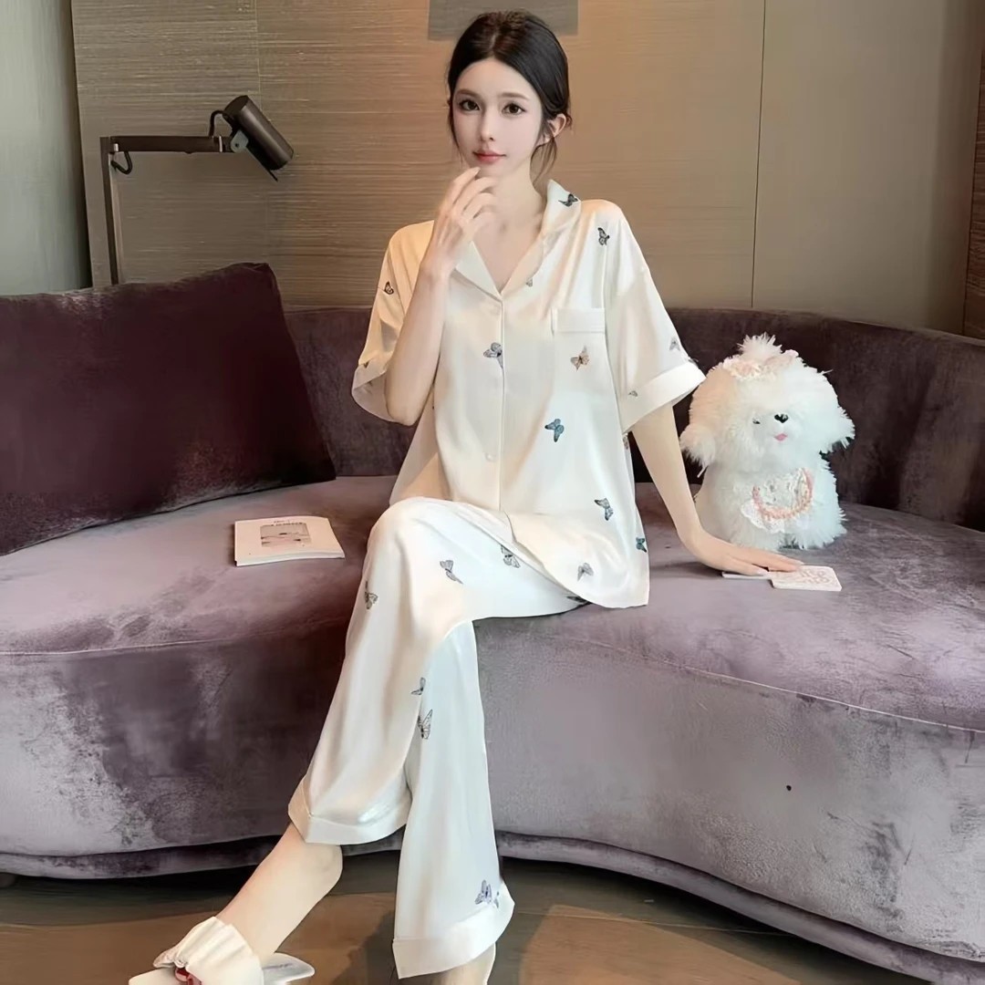 夏季缎面蝴蝶雪冰丝薄款睡衣夏季女款凉感亲肤可爱宽松外穿家居服