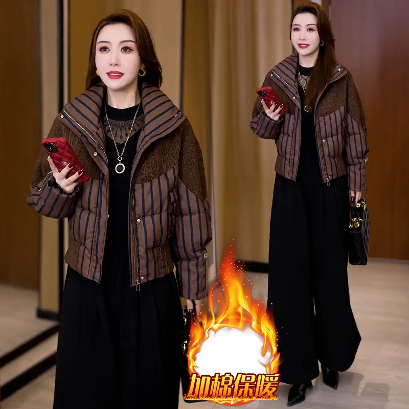 时尚加厚气质棉服女2025年冬季新款轻奢高档宽松显瘦减龄条纹外套