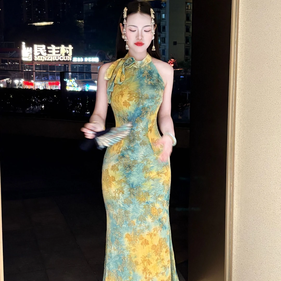 LHMknk1画报夫人原创温柔纯欲手工花朵鱼尾盛夏连衣裙 黄青变绿