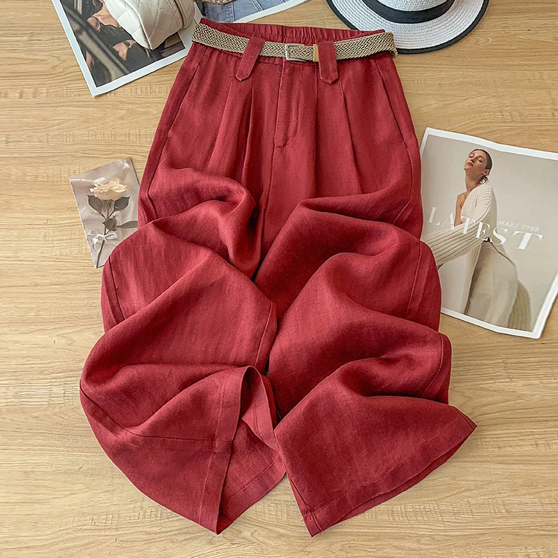 石榴红亚麻阔腿裤女夏季薄款2025新款宽松苎麻裤子天丝直筒裤2056