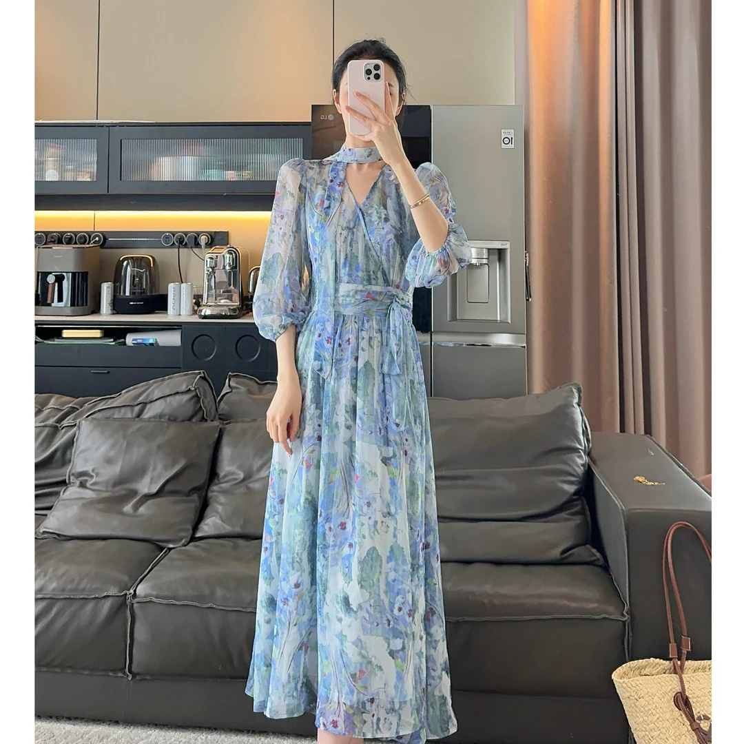 Zwinnie/詹维尼【水墨裙】气质款碎花遮肚子显瘦连衣裙 GZC202536