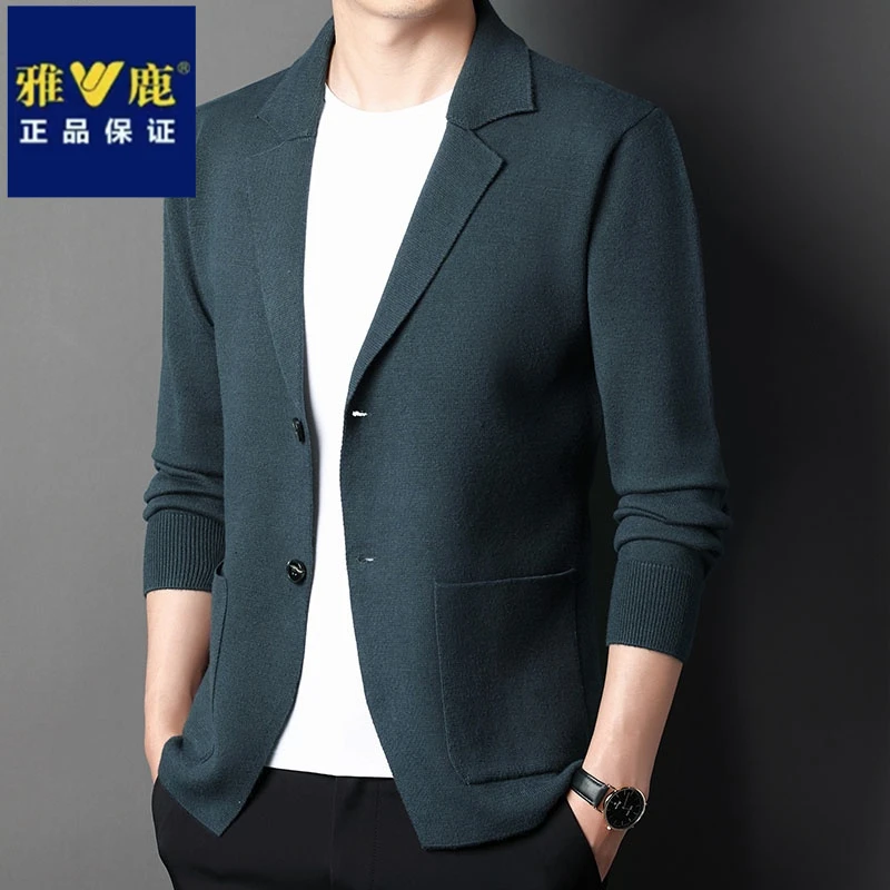 雅鹿春秋季新款商务男士休闲针织开衫西服时尚西装潮流宽松外套潮