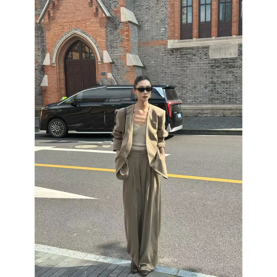 FIINAL《旧书页》精致干练v领宽松飘带西服+裤子套装