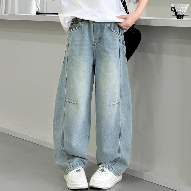 女童牛仔裤个性拼接弯刀裤显瘦洋气2025夏装新款裤子中大童休闲裤