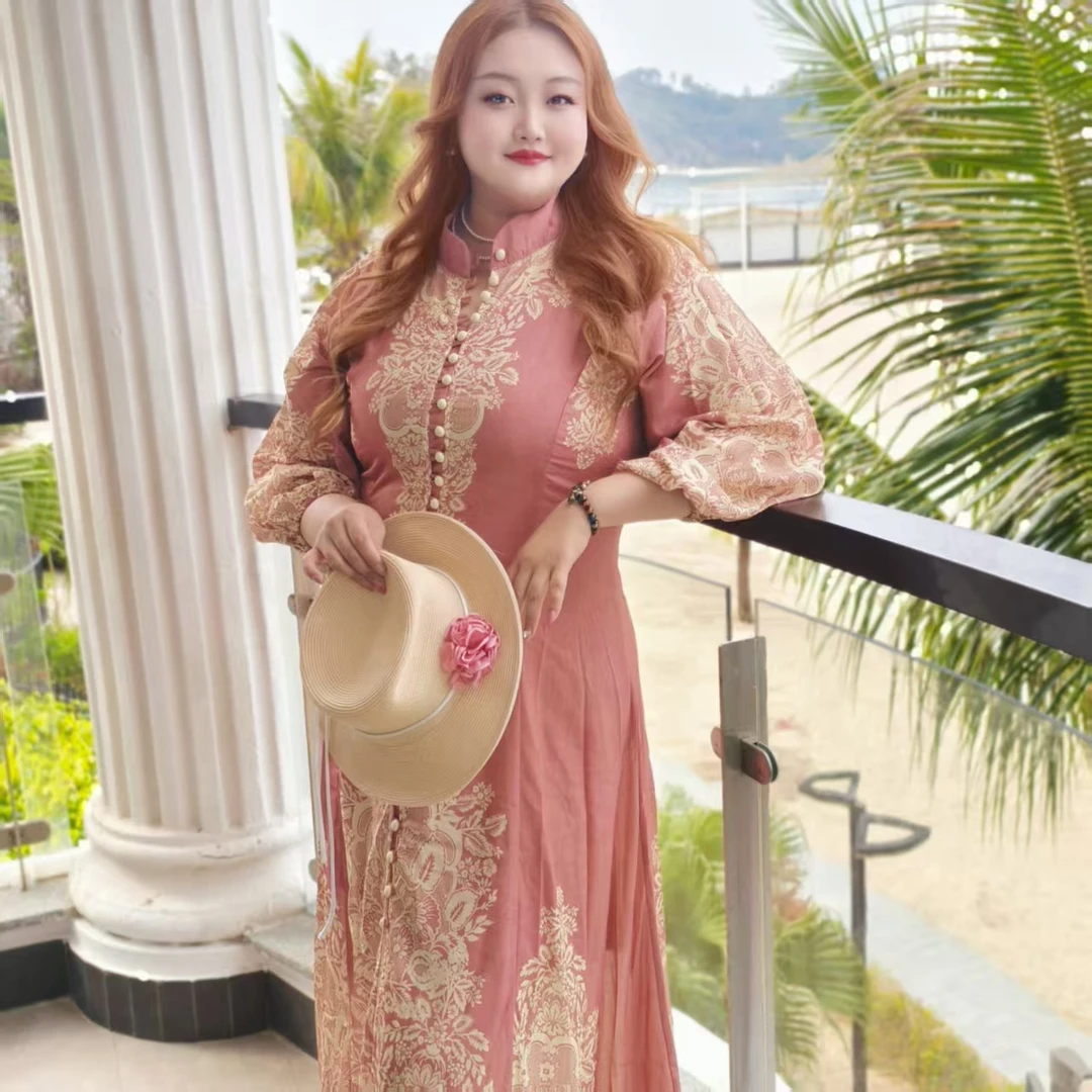 【柔粉逸秀】钻石家大码轻奢印花宫廷显瘦气质长袖连衣裙 DOP2520