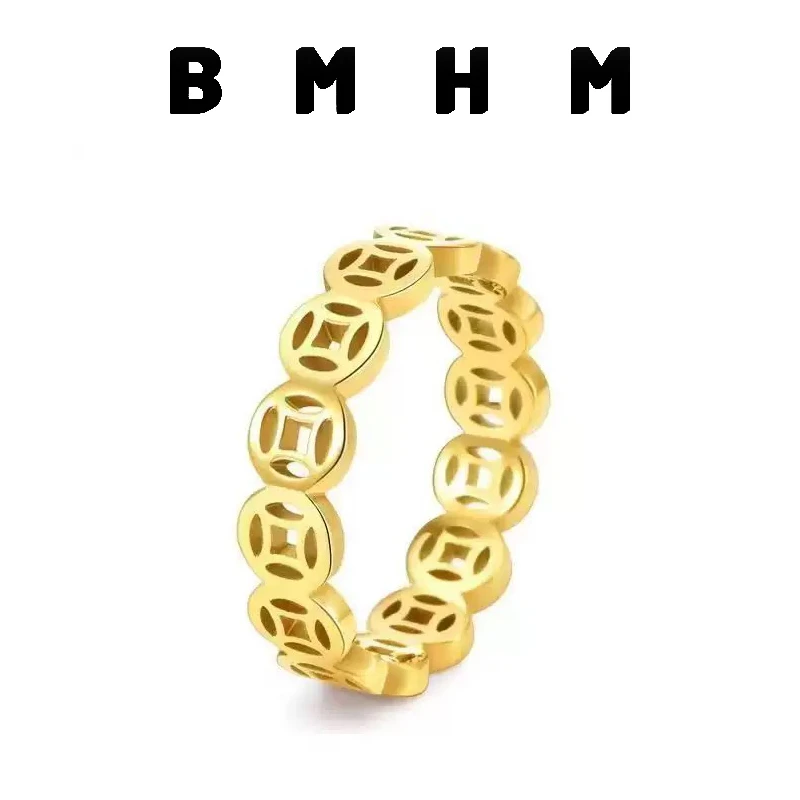 BMHM 钛钢戒指 不掉色不过敏高级轻奢感铜钱戒指钱多多素圈