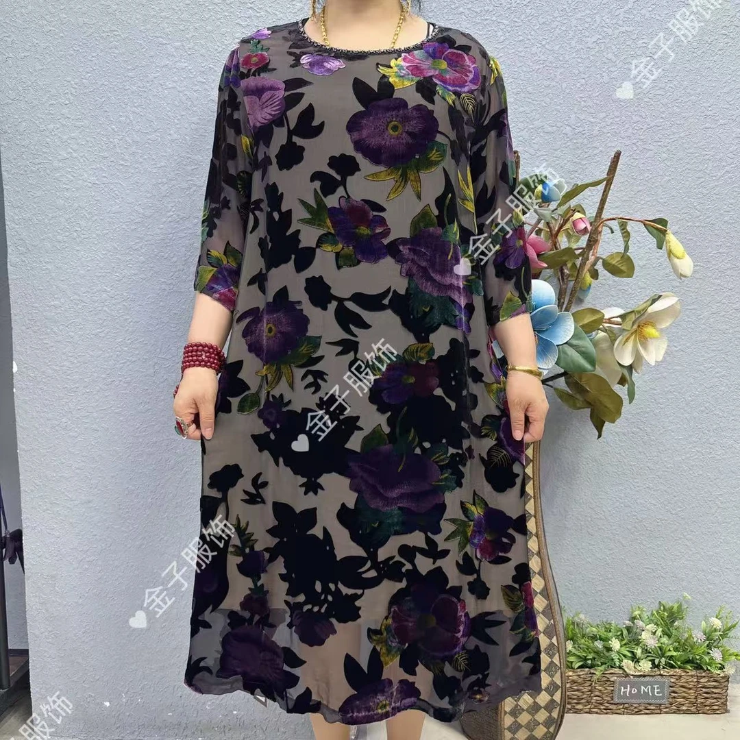 P7-1972桑蚕丝遮肚子连衣裙上档次过膝长裙妈妈装