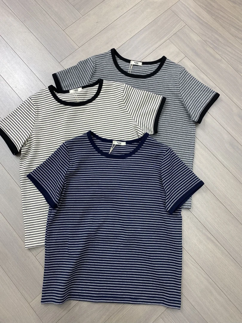 女士重磅棉条纹圆领T恤光板