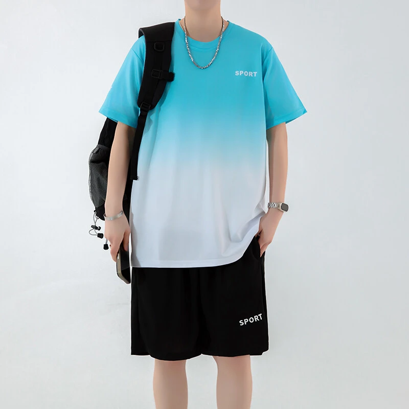 夏季休闲运动套装男款宽松跑步速干透气时尚短袖健身服圆领t恤潮
