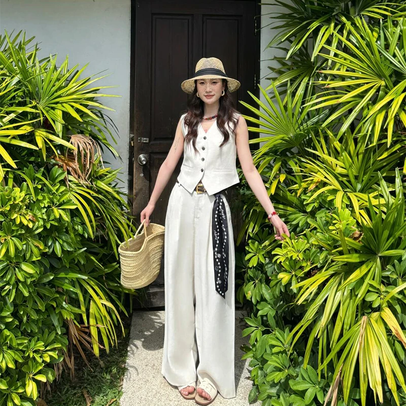 夏季度假旅游白色老钱风棉麻马甲高级感阔腿裤休闲裤长裤时尚套装