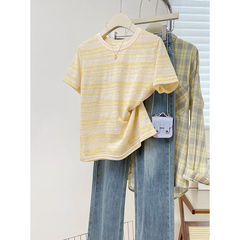 彩色小清新条纹短袖T恤夏季新款经典百搭洋气上衣复古港风女装潮