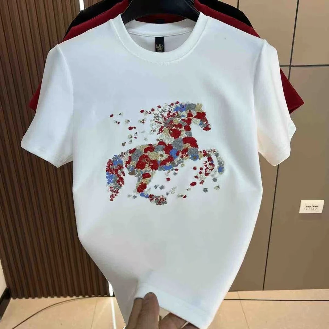 欧货高档男士新款刺绣战马圆领休闲短袖轻奢时尚潮流百搭打底T恤