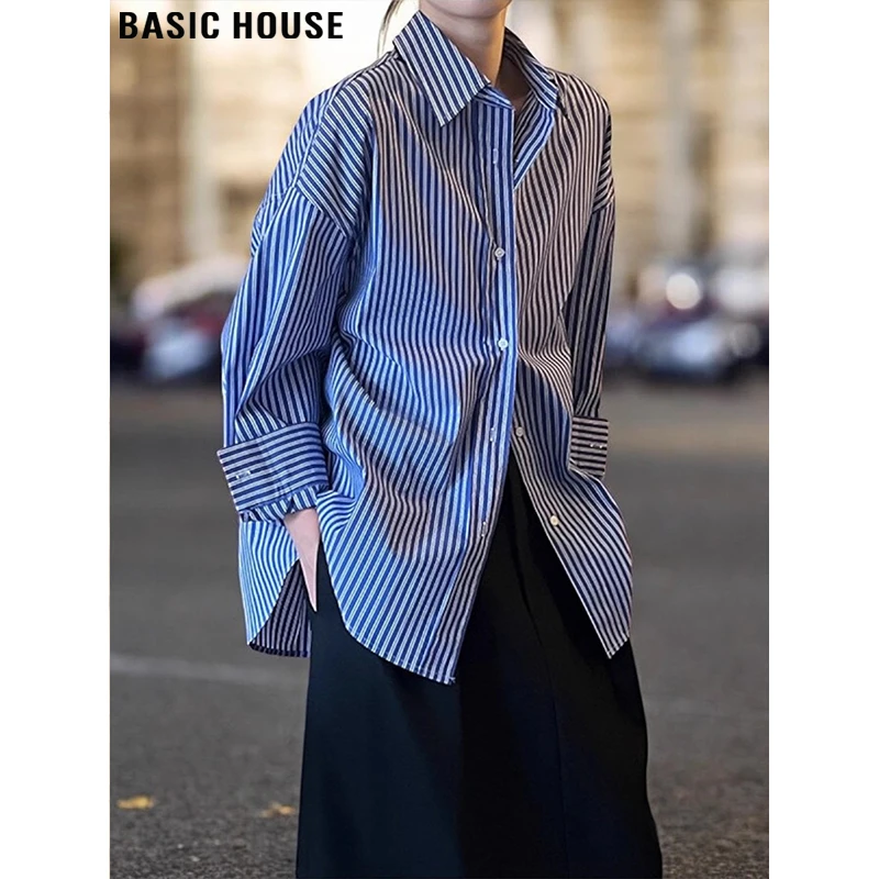 Basic House/百家好高知穿搭蓝色条纹衬衫女款早秋叠穿外穿衬衣