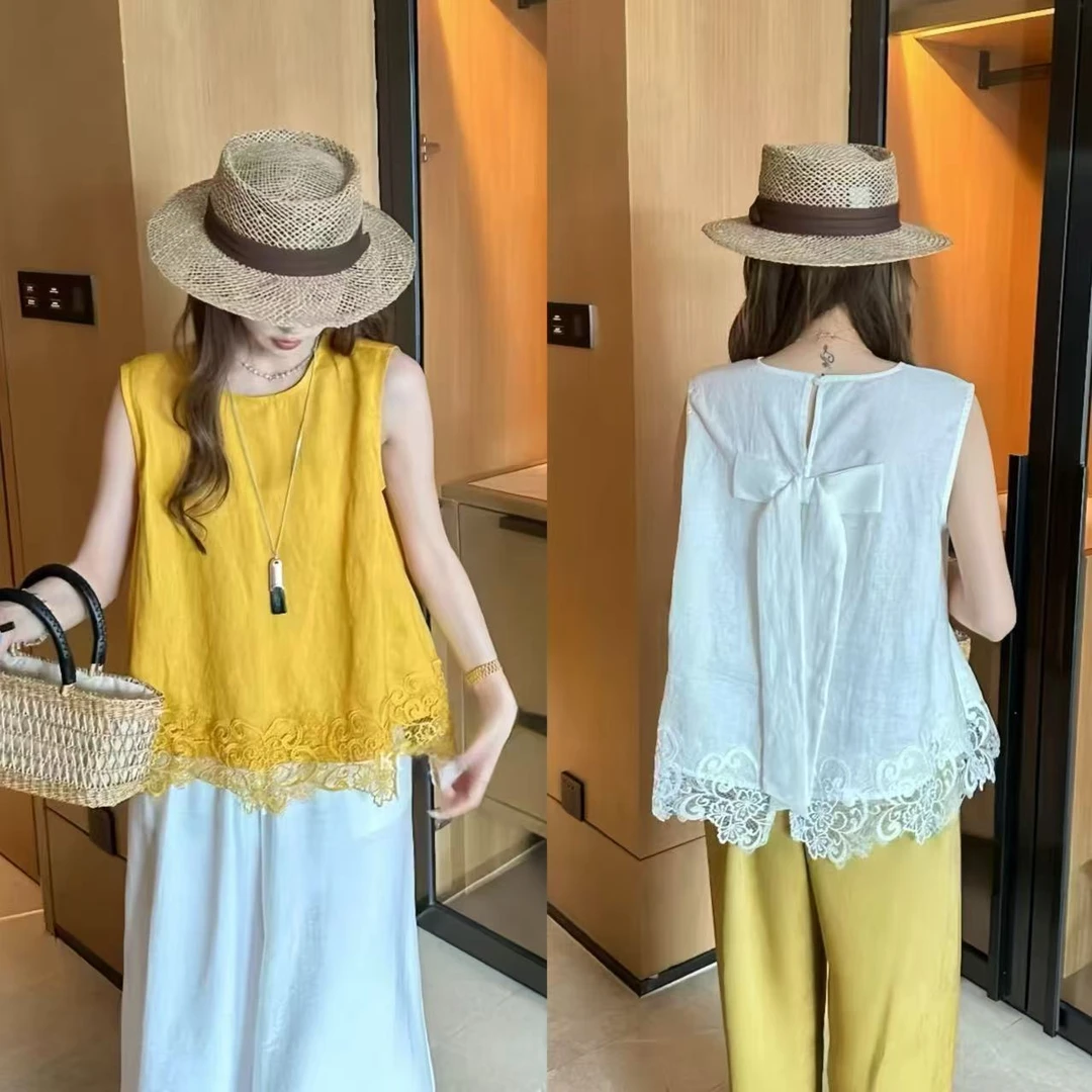 2025夏季新款法式时尚百搭蕾丝拼接后背系带V领显瘦无袖减龄小衫