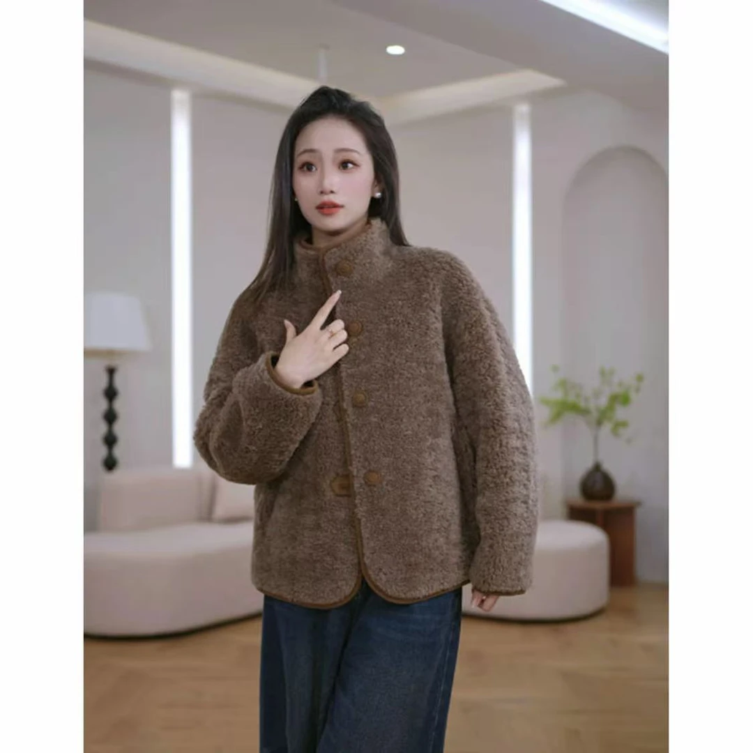 HANYU/韩禹TF121新款双面穿休闲外套宽松显瘦毛绒外套