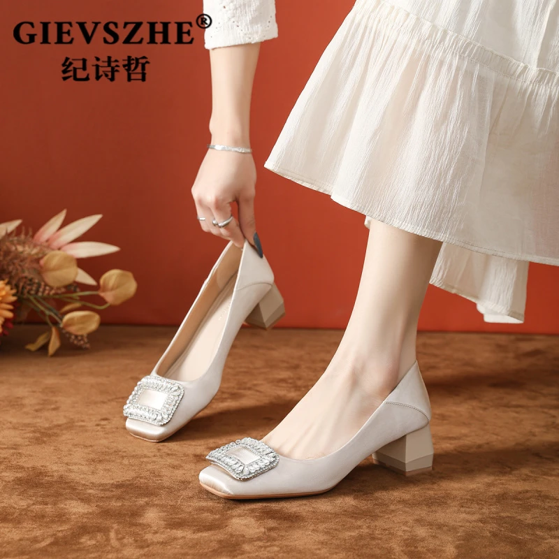 纪诗哲女鞋高级感时尚方扣单鞋女2025新款粗跟5厘米方头高跟鞋女