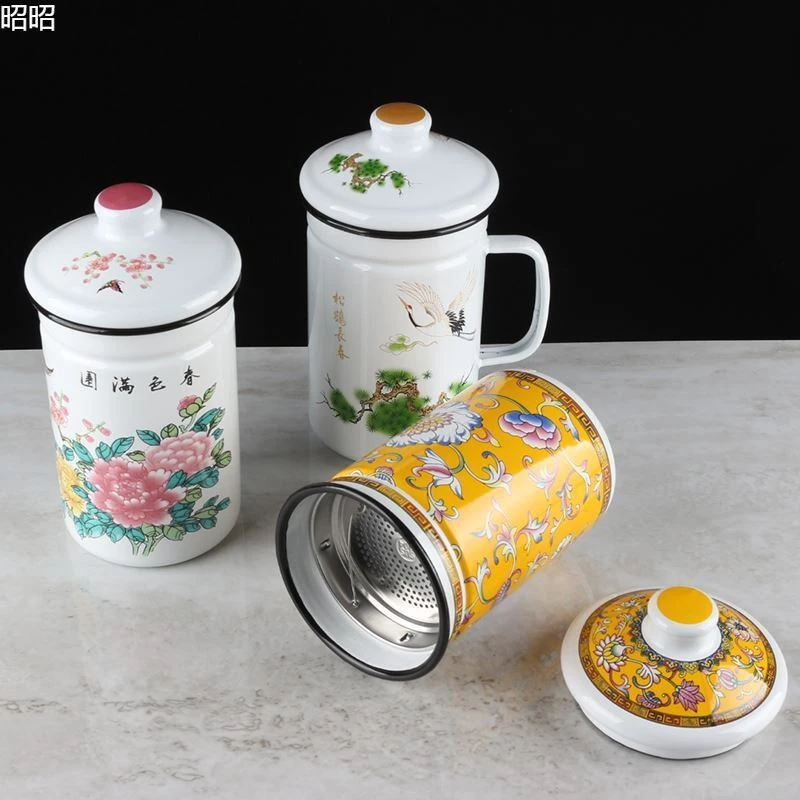 滤网搪瓷杯怀旧搪瓷茶缸带盖茶缸子老式珐琅马克杯复古北欧风
