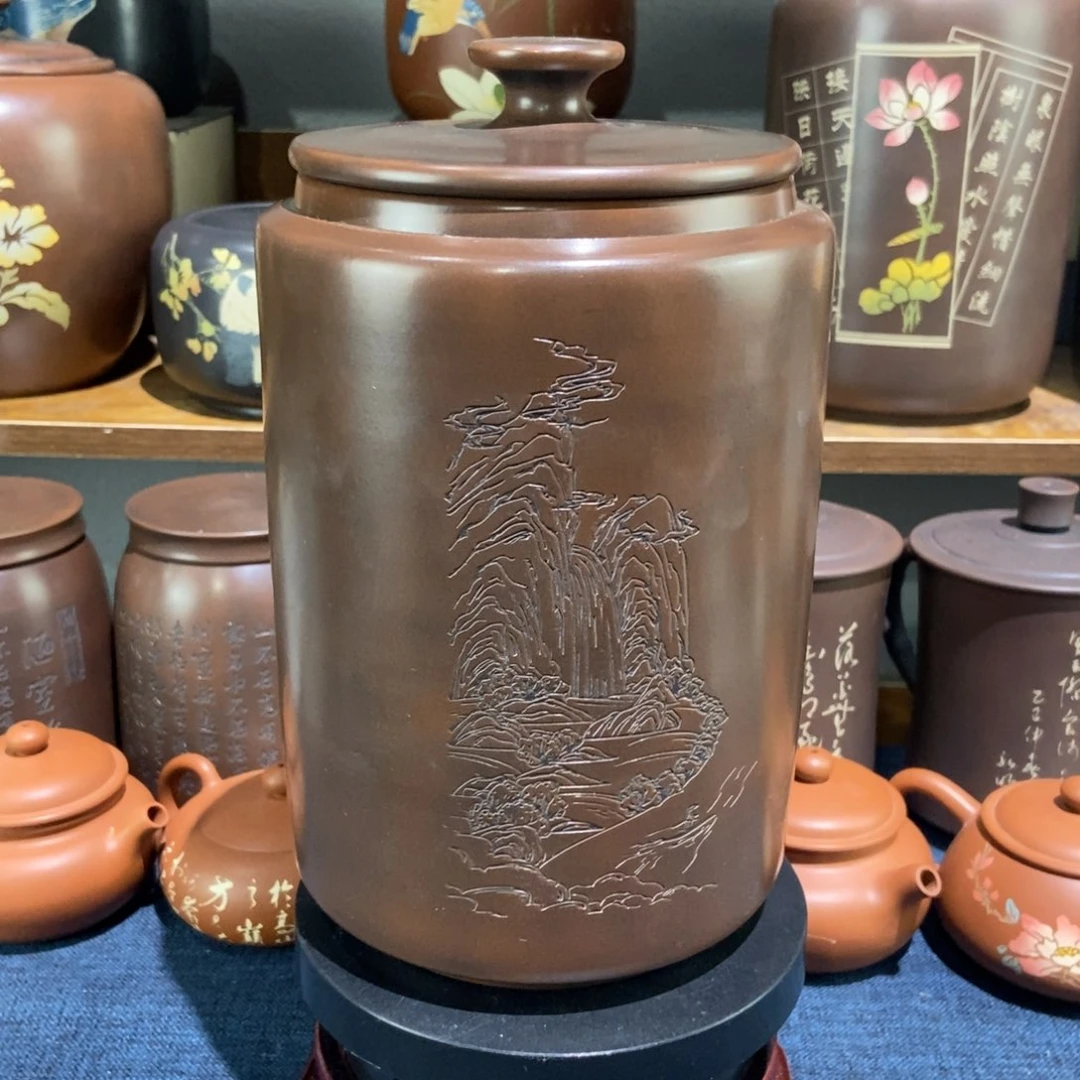 6建水紫陶手工阴刻醒茶罐