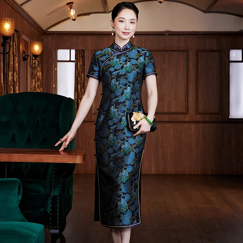 【流云锦瑟】桑蚕丝宋锦夏季复古修身日常中式旗袍蓝色W25010