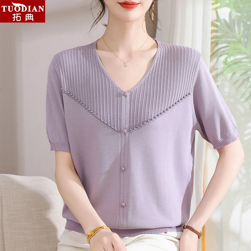 中年妈妈夏装时尚针织短袖小衫2025中老年女装显瘦减龄洋气上衣
