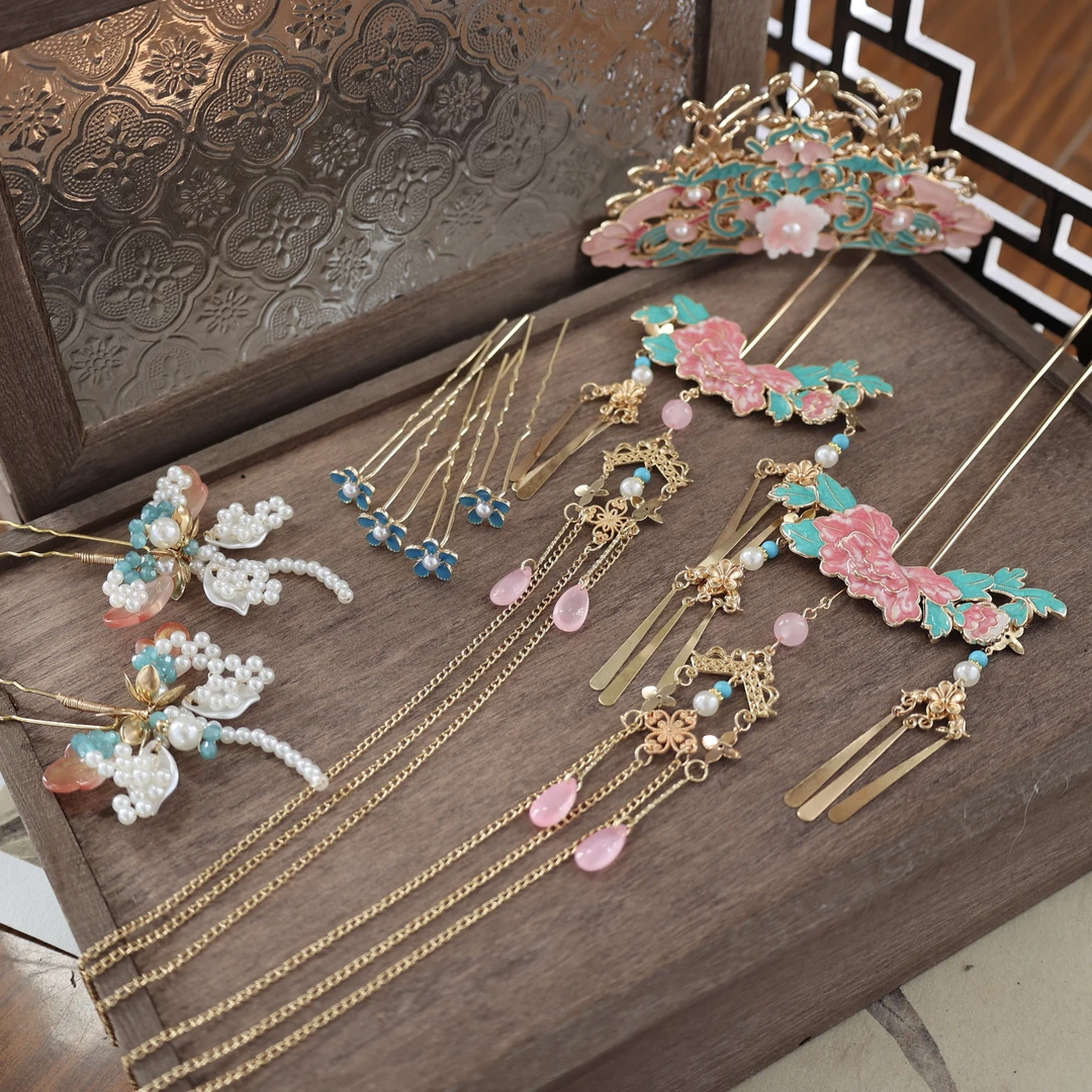 南枝原创花间梦汉服发饰大全套装烧蓝粉蓝发冠流苏发簪发钗步摇