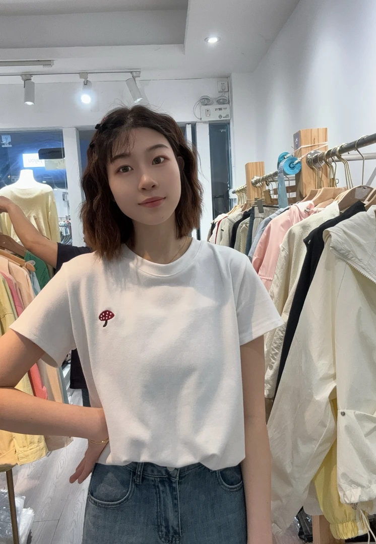蘑菇刺绣纯色圆领T恤短款显瘦纯棉短袖上衣
