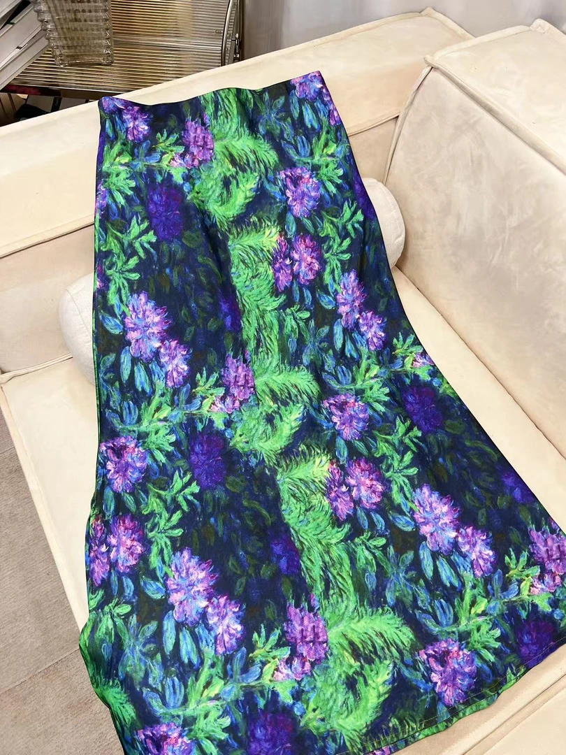 【夜色紫鹃】印花设计感半身裙松紧A字版斜裁显瘦