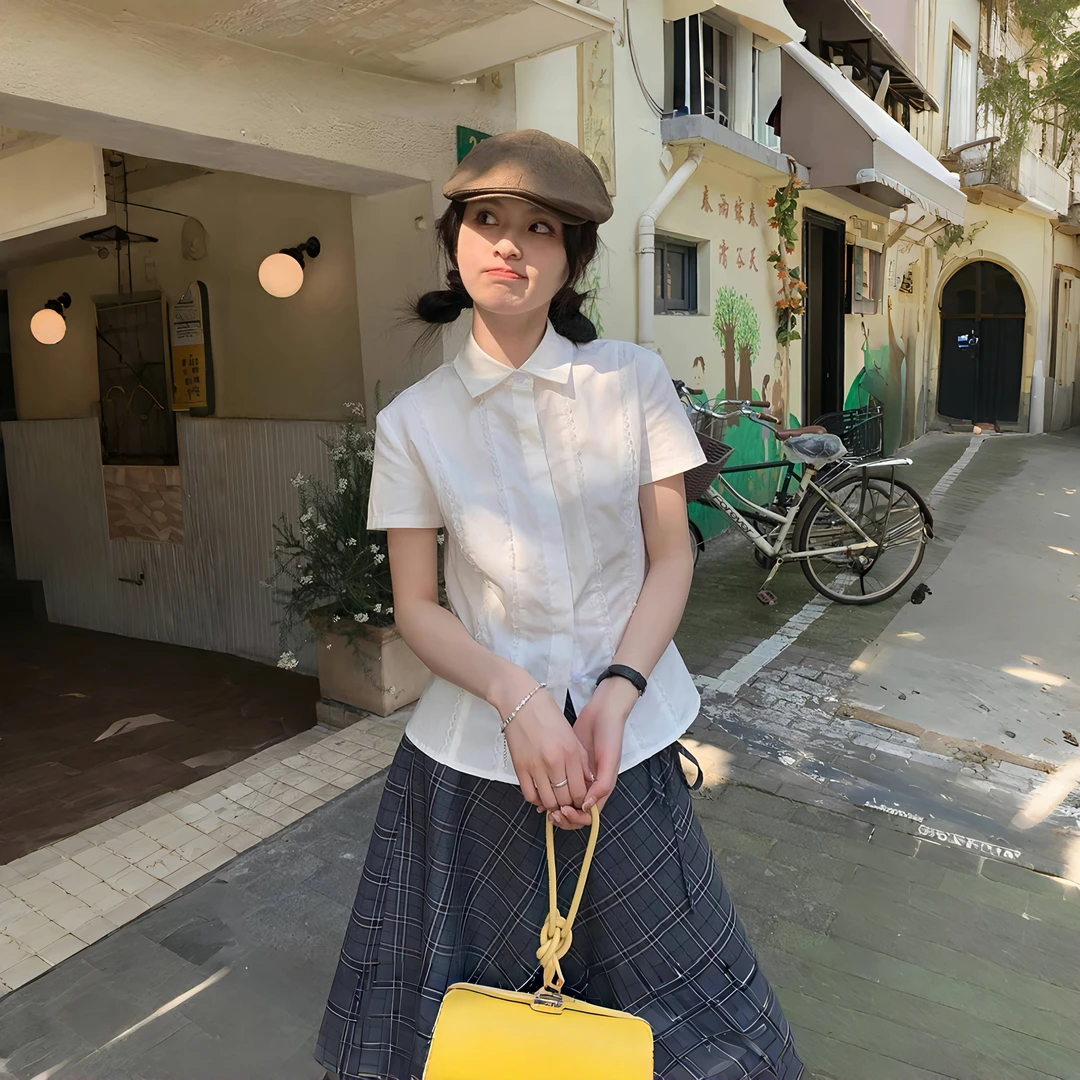 纯棉夏季小个子短袖白衬衫女蕾丝花边甜美系休闲白衬衣学院风百搭