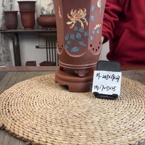 紫砂花盆超精品枣红手绘六方一套