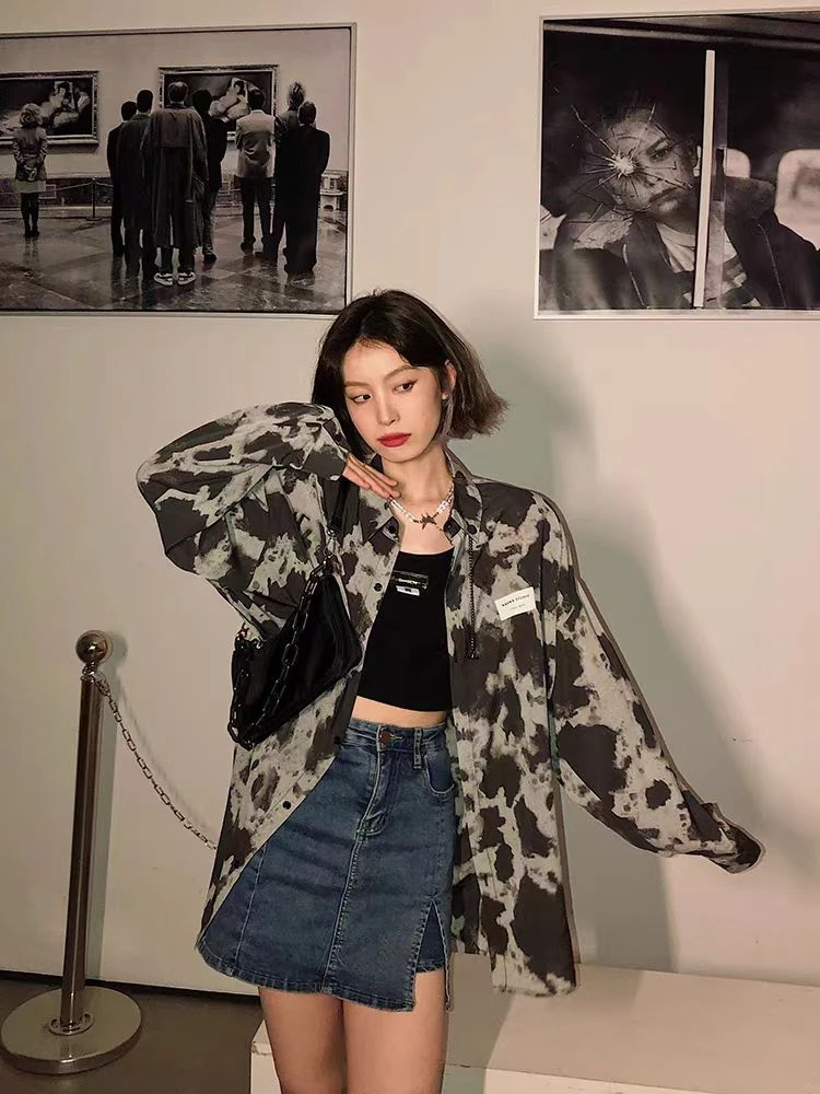 哈尼HONEY扎染长袖衬衫女夏复古港风设计感薄款防晒上衣中性衬衣