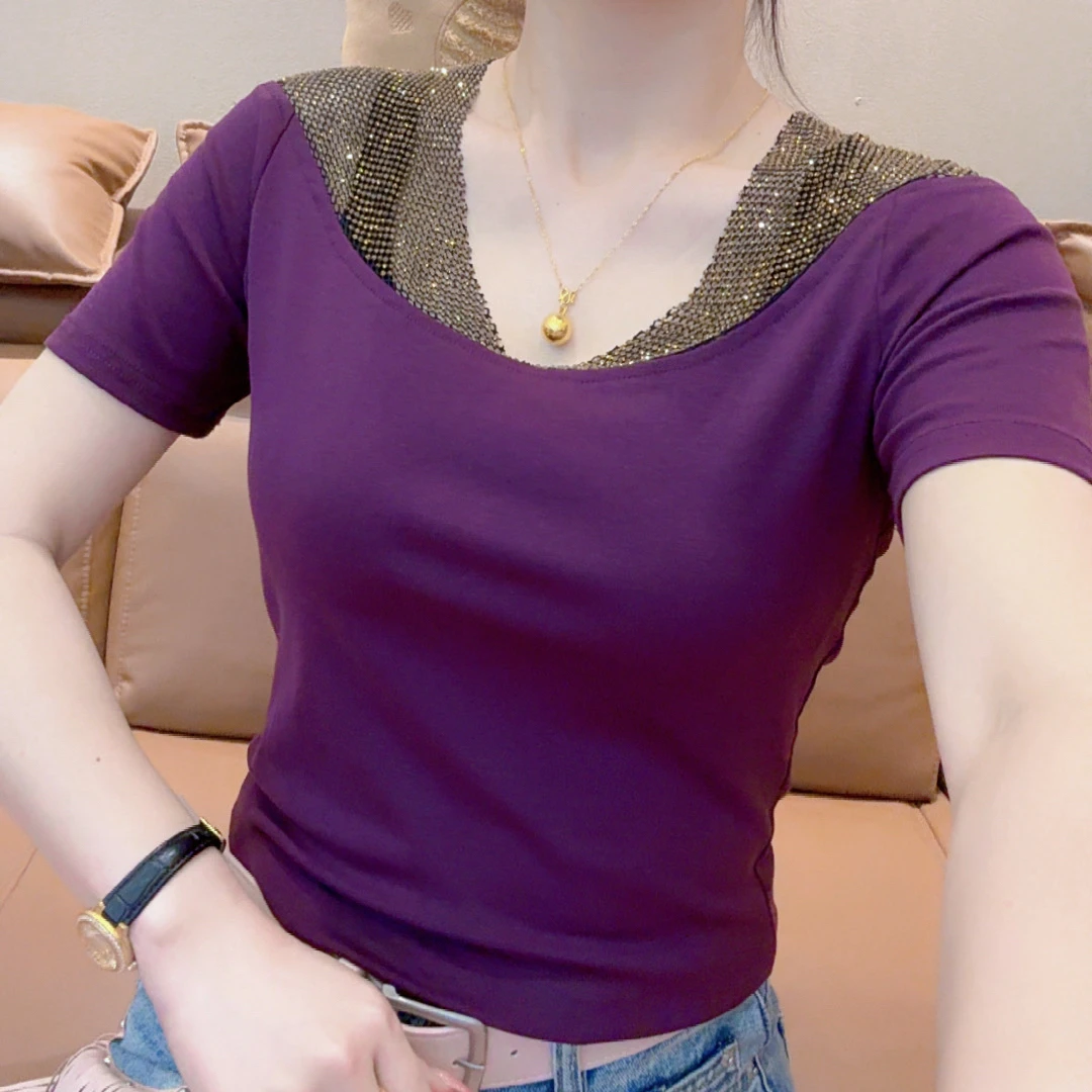 小敏家,夏季新款简约钻领修身短袖T恤女百搭时尚
