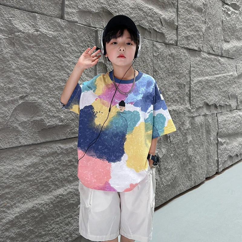 潮牌扎染儿童夏装T恤2025新款宽松男童短袖上衣中大童半袖衫夏季