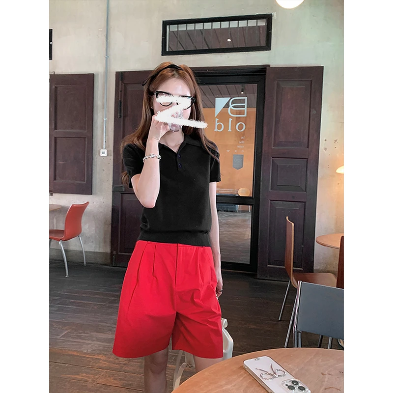 Moses Queen/魔西女王miu系polo领针织衫T恤女休闲学院风短袖上衣