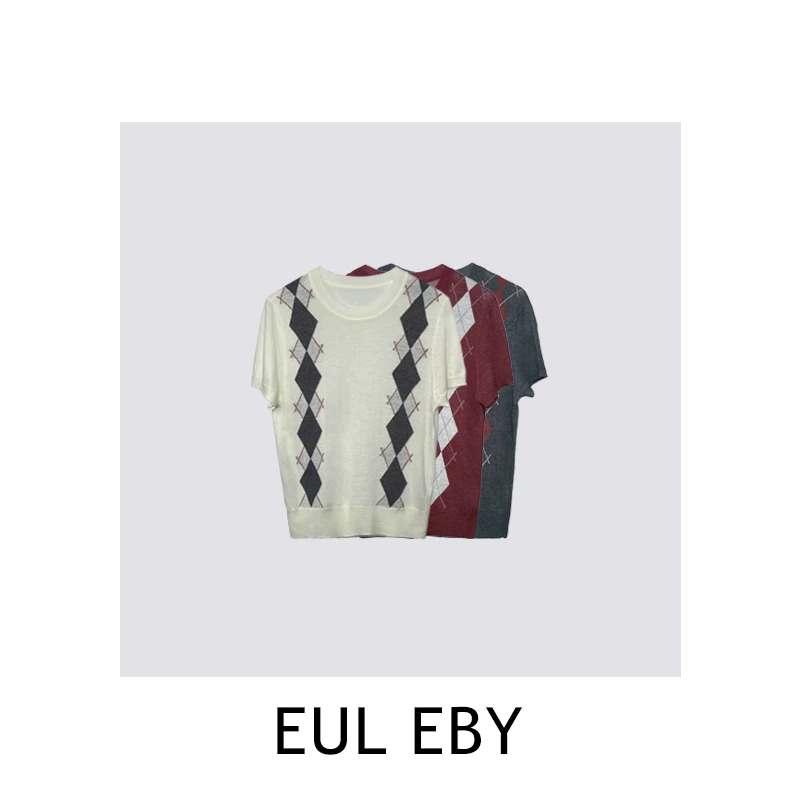 【清】“miu系菱格”天丝亚麻拼色圆领夏短袖针织衫上衣251240#