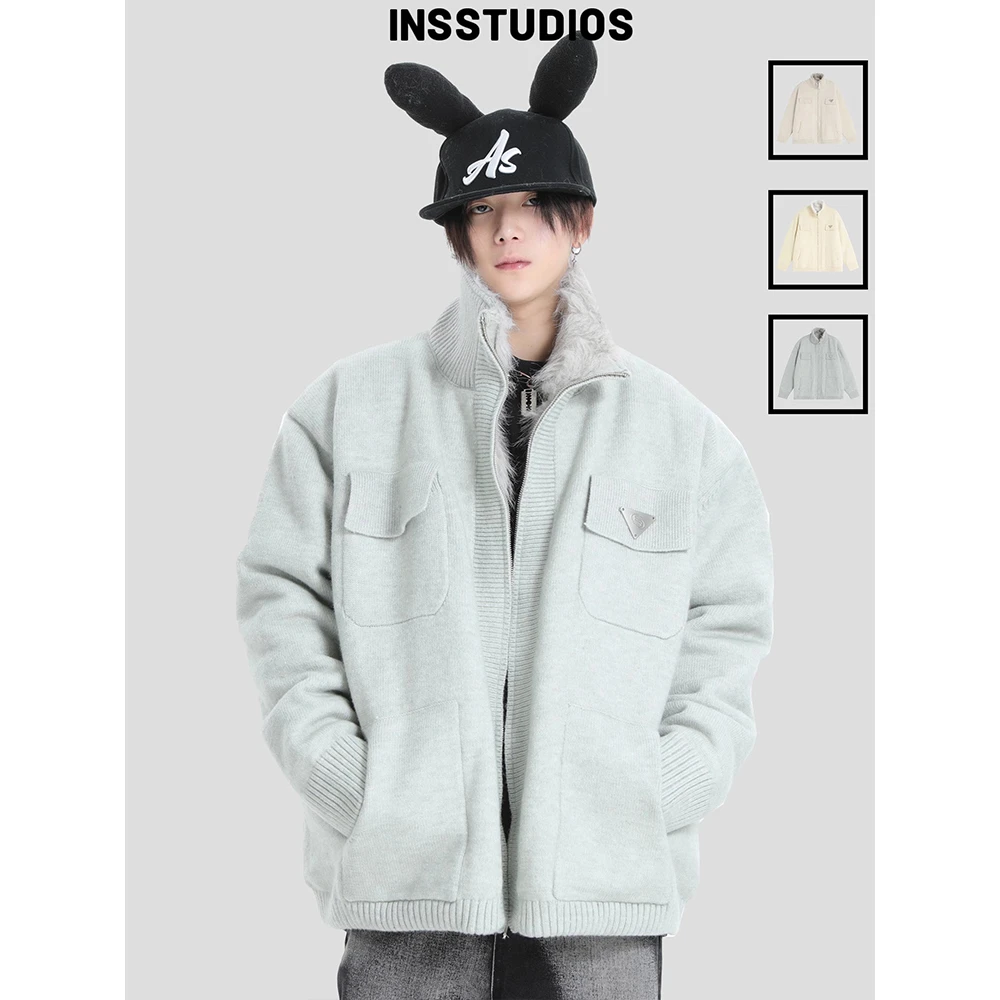 INSstudios国潮牌情侣美式座山雕毛领毛衣冬季加绒加厚保暖外套