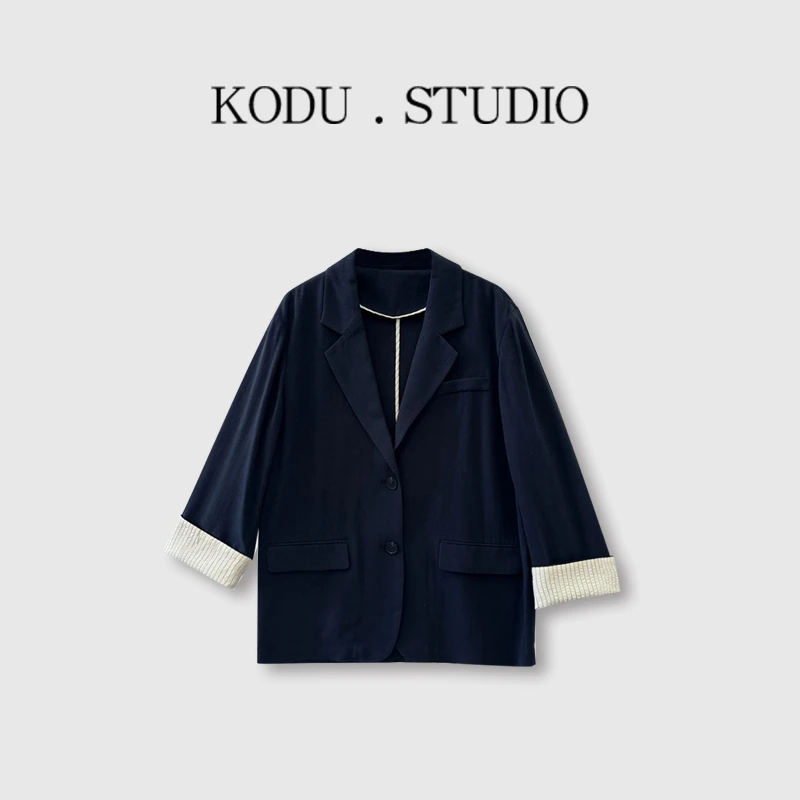 【刻度KODU】01-JA2092春夏季经典翻领两粒扣卷边条纹休闲西服外套