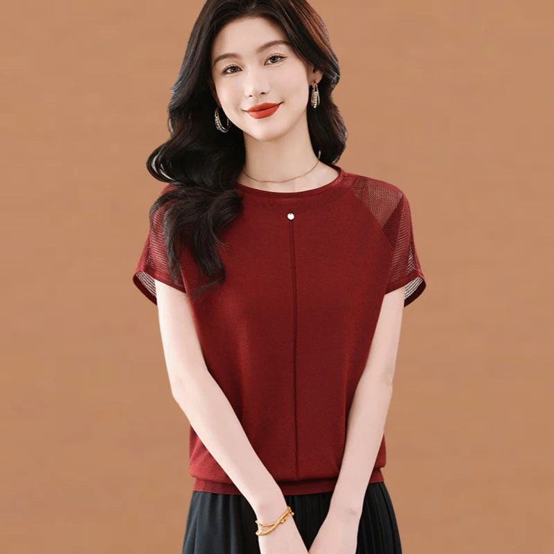 冰丝短袖t恤女妈妈夏装2025新款镂空圆领短款宽松显瘦洋气上衣薄