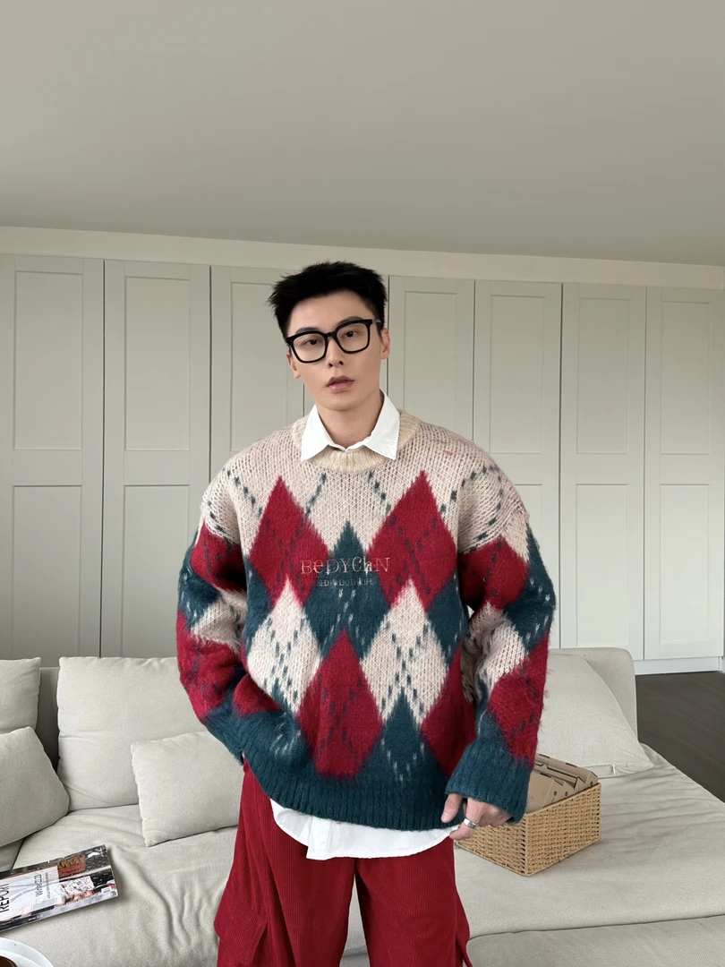 FR【菱格撞色】美式复古学院风秋冬圆领针织衫男女毛衣