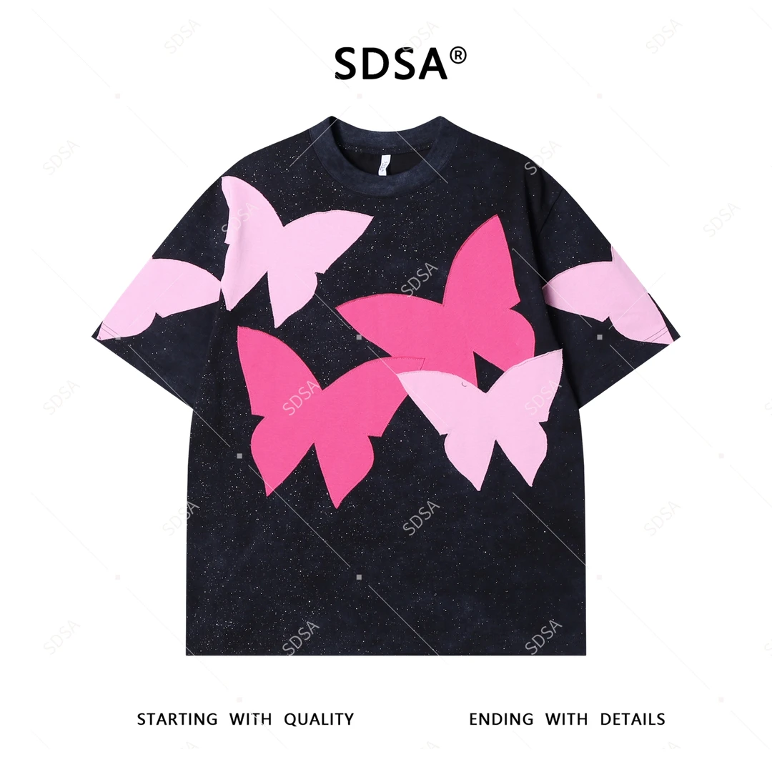 夏季高级感新款男士潮牌撞色贴布蝴蝶设计短袖T恤满天星圆领上衣