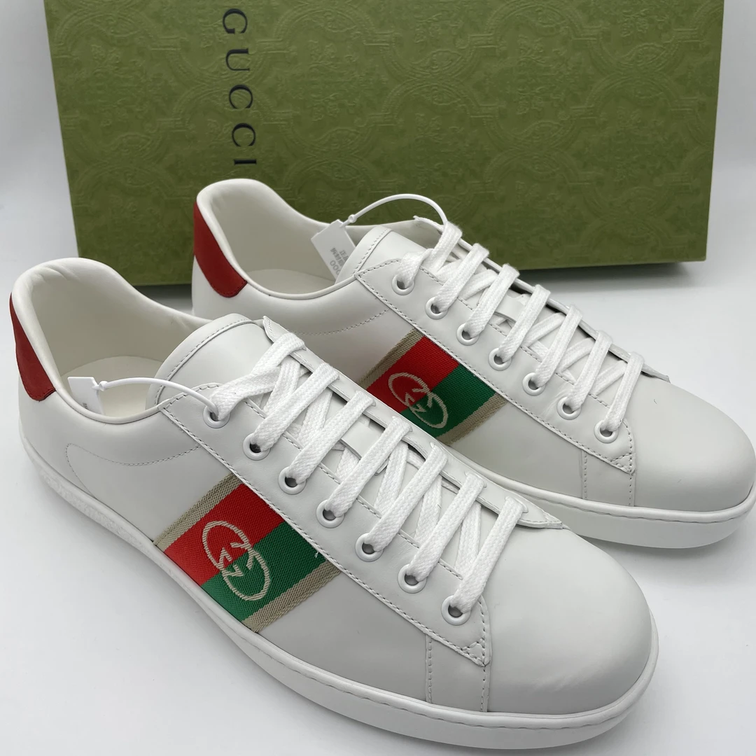 未使用 GUCCI/古驰 42.5欧码/白色双G织带时尚休闲板鞋/全套