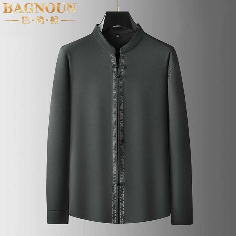 巴格奴长袖衬衫男士春秋季时尚大码胖子加肥中国风复古爸爸装衬衣