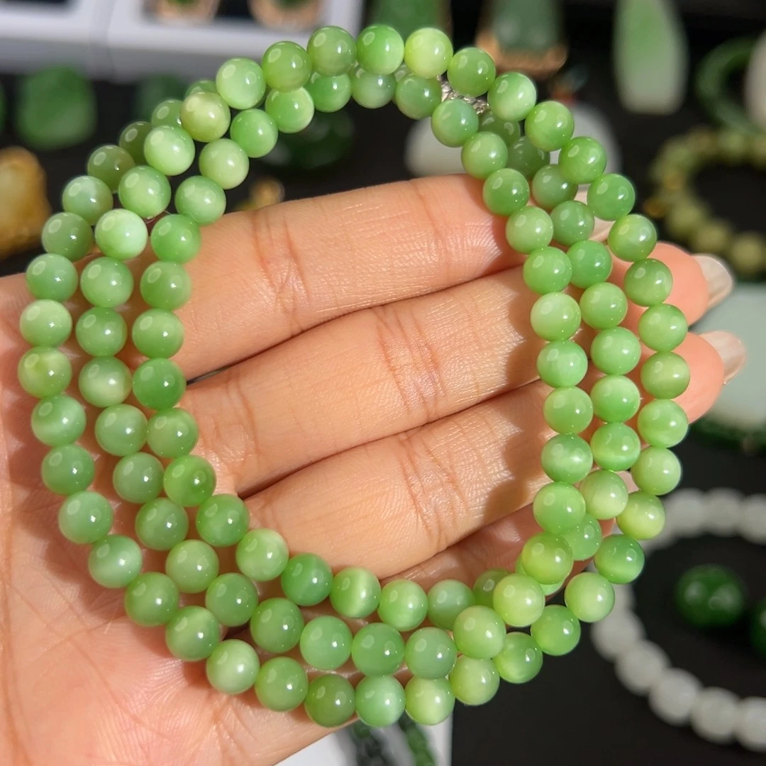 和田玉未镶嵌颈饰黑羊洞6mm猫眼毛衣链