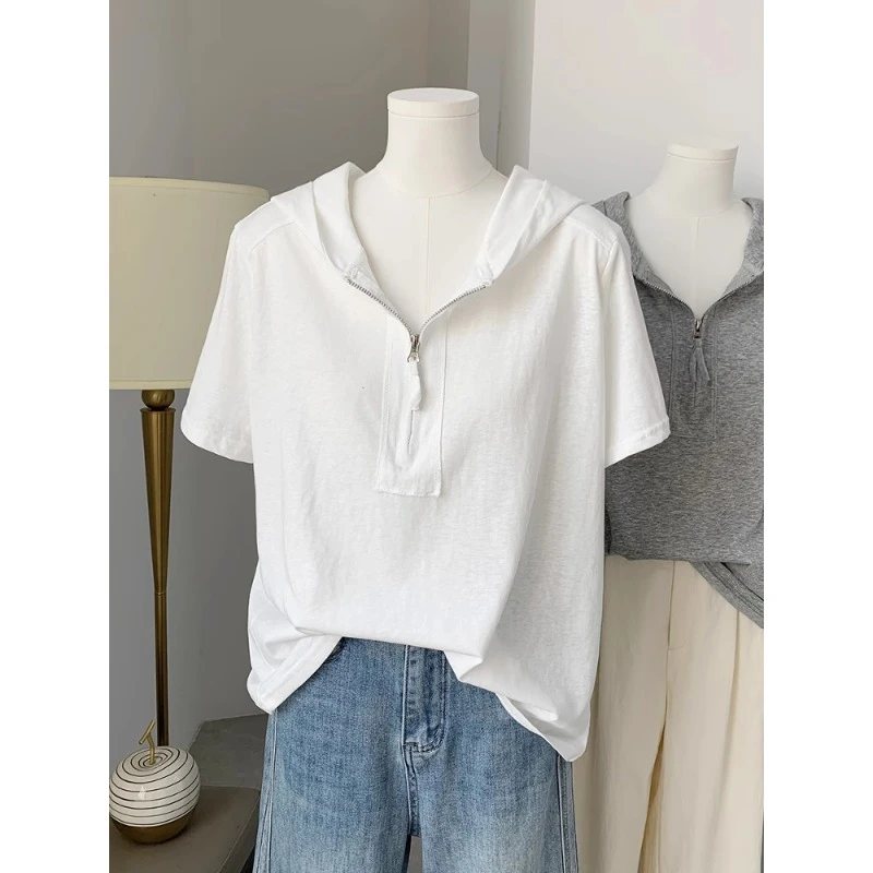 胖妹妹240斤纯色连帽短袖t恤女夏季新款半拉链帽衫雪花棉凉感上衣